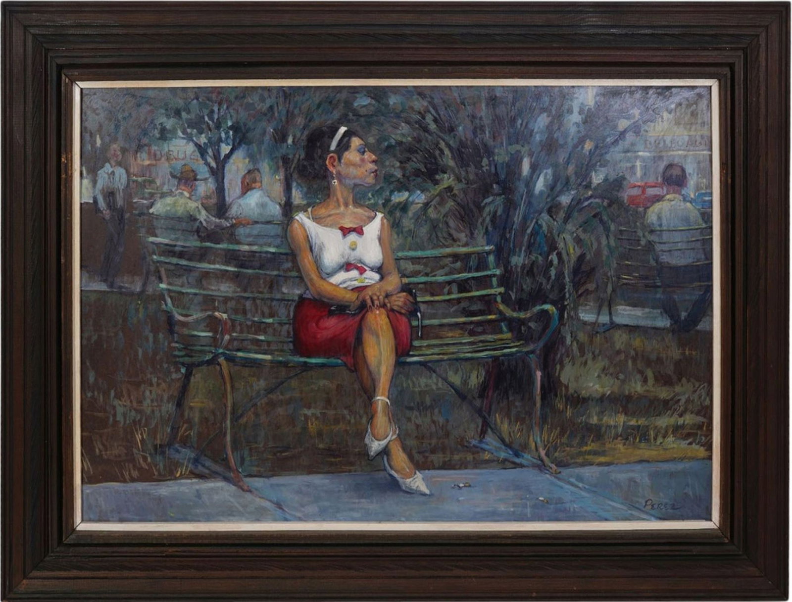 Large oil painting on Masonite sign Perez, lady on a park bench 24 x 36 inches. overall with the (1 of 6)