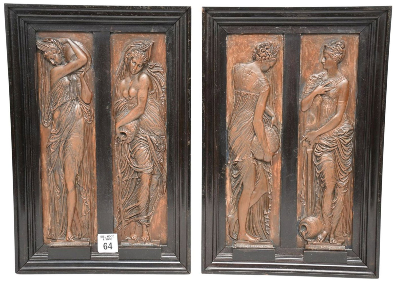 2 Antique Pairs of Bronze Barbedienne Bas Relief Plaques with foundry marks. Nymphs of the fountain: 2 Antique Pairs of Bronze Barbedienne Bas Relief Plaques with foundry marks. Nymphs of the fountain of innocents Approx. 11 x 3 inches each. Framed in pairs - 13-3/4 x 9 inches