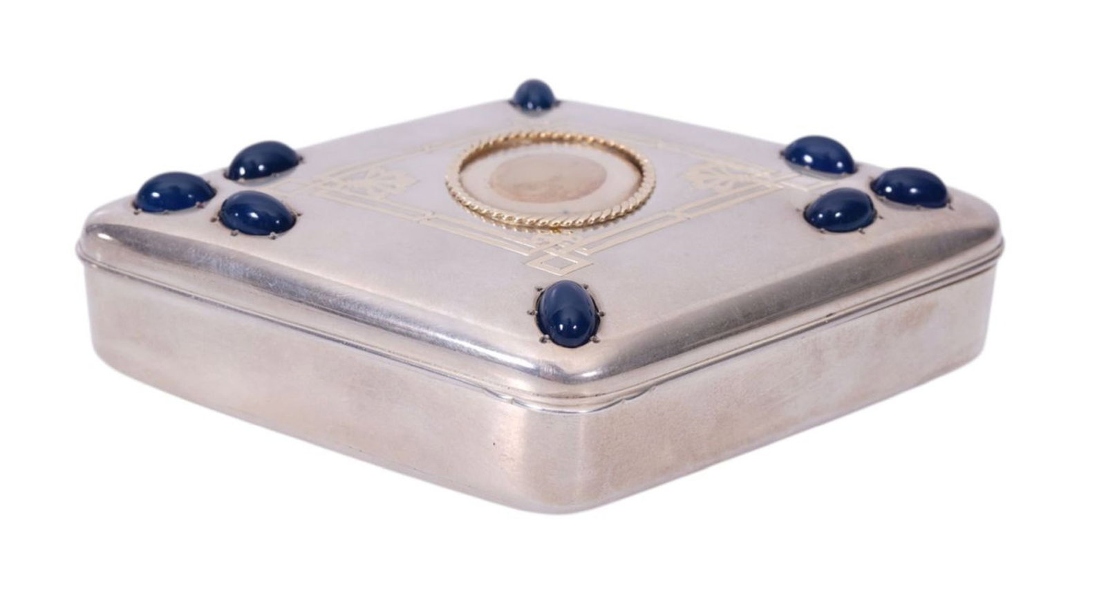 Diamond Shape Silver Vanity Box, Stamped "950" & "750", Gold Bezel Frame for Photograph on Front,: Diamond Shape Silver Vanity Box, Stamped "950" & "750", Gold Bezel Frame for Photograph on Front, Inscribed Inside Joseph Goosemans Bijoutler 1916, 4 1/2"h x 3"w