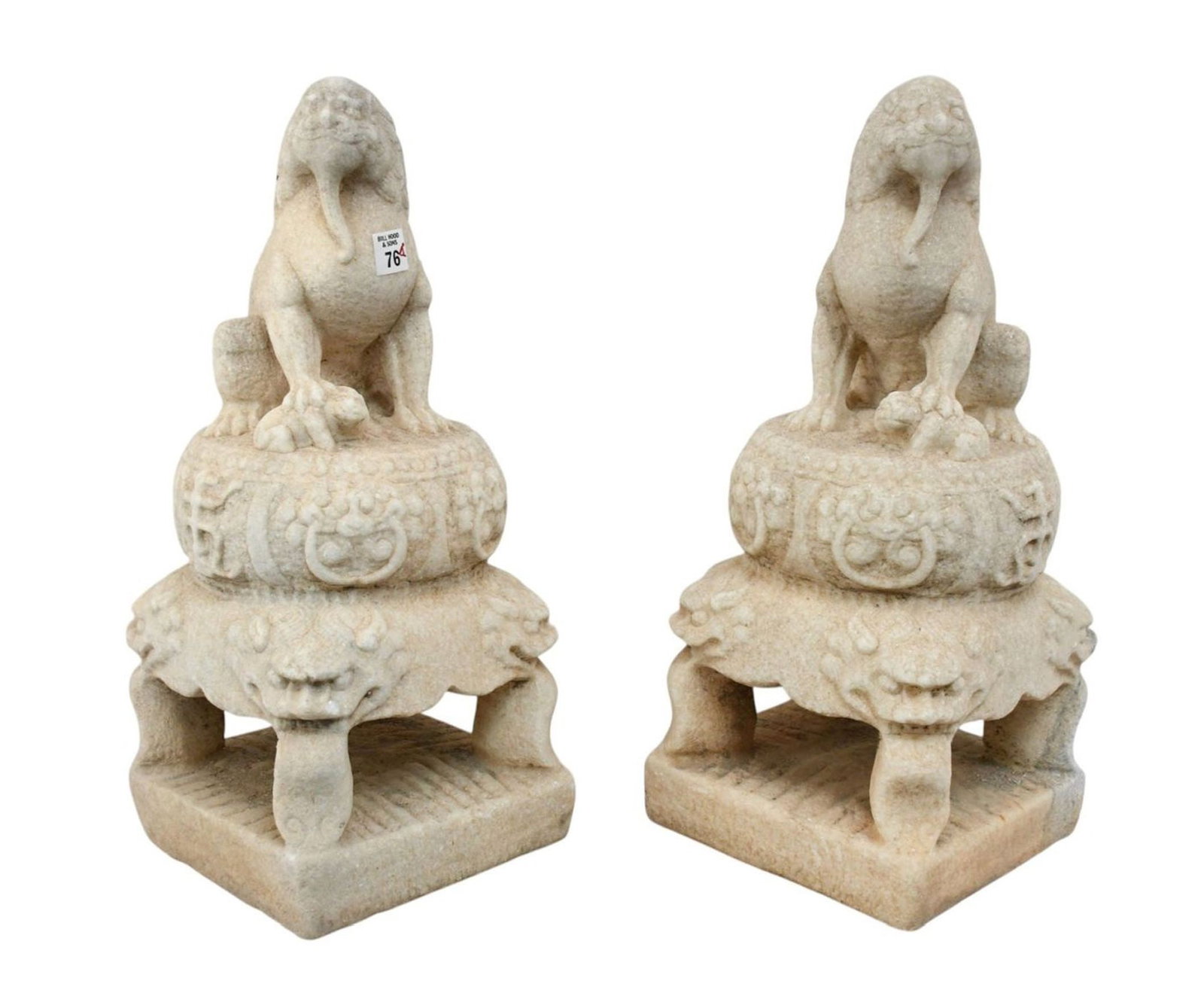 Pair Limestone Type Foo Dogs Mounted on Pillow Form Bases, 21"h x 9"square (1 of 9)