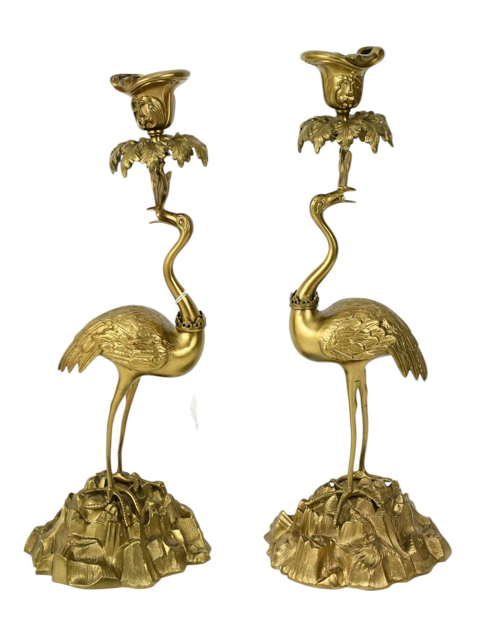 Pair Thomas Abbott Brass Heron/Crane Form Candleholders on faux rock base motifs, Abbott Underneath, (1 of 8)