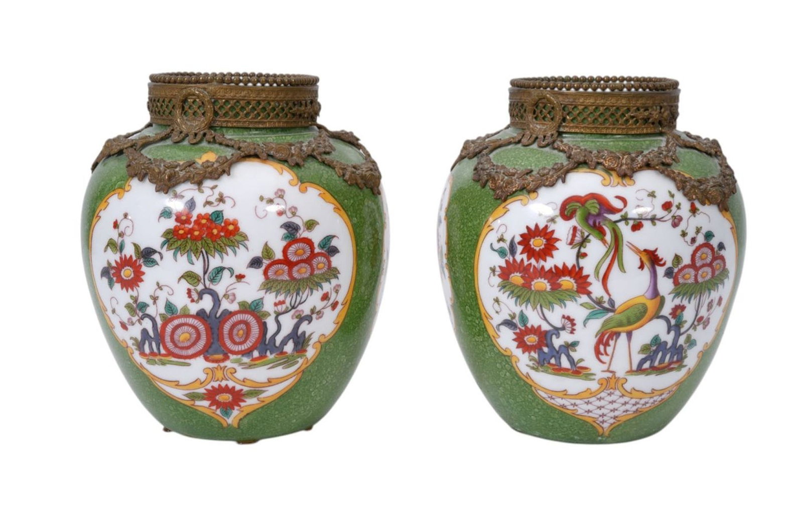 Pair Green Porcelain Bulbous Form Vases with Gilt Bronze Accoutrements, flora and fauna panels, 6"h (1 of 15)