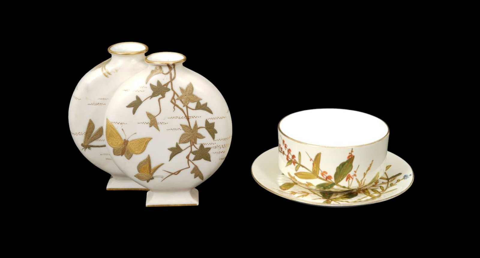 Antique Royal Worcester Double Bud Vase, Oriental Motif (6 1/4"h x 7"w) AND English Bowl & Saucer (1 of 11)