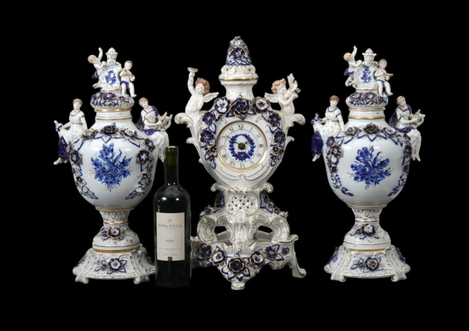 3 Pc. Porcelain Blue & White Garniture In The Manner of Meissen, Figures & Flowers Adorning Lids & (1 of 15)