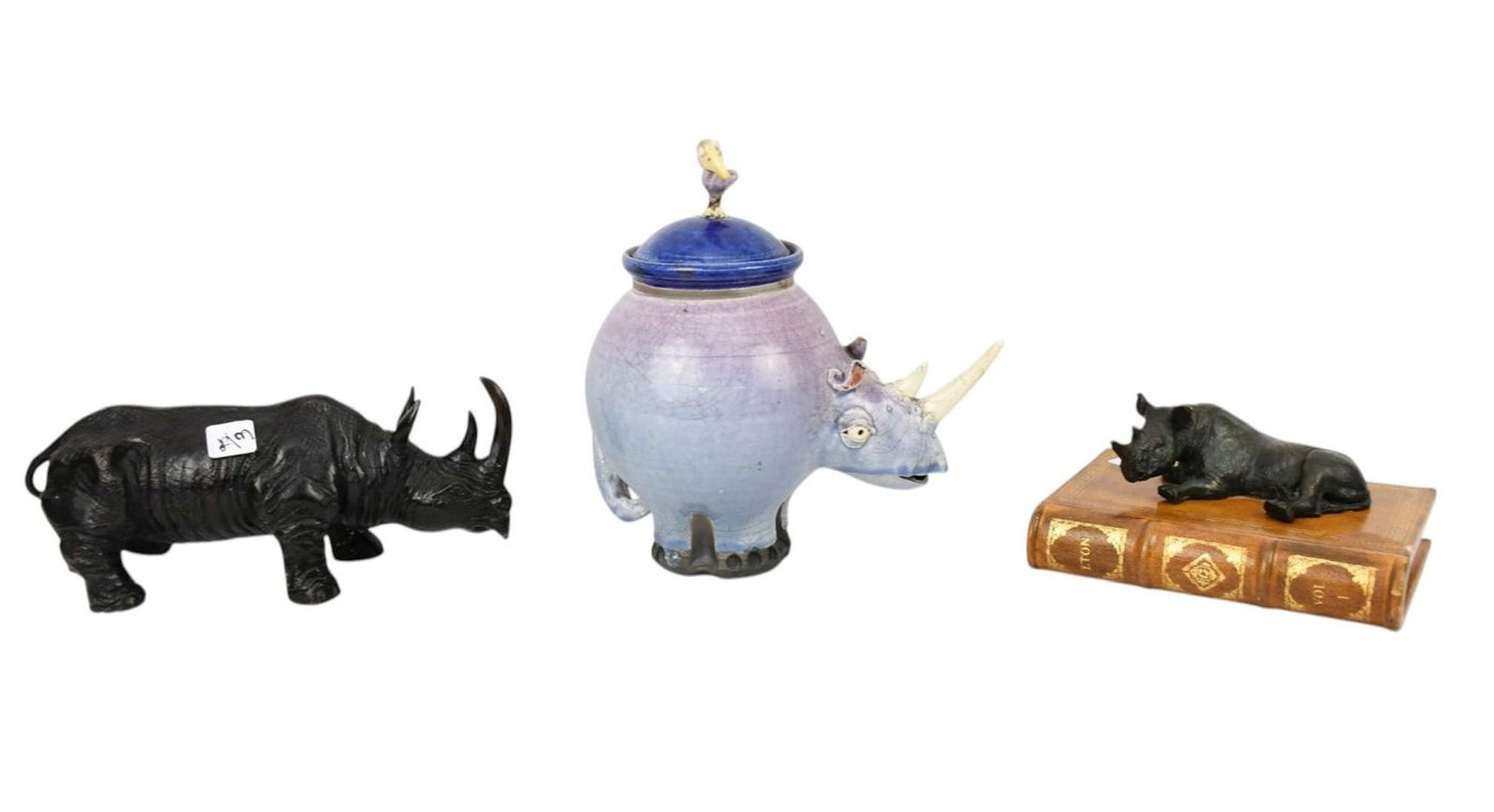 3 Rhino's, Bronze seated Rhino on faux book/box (4 1/2"h x 11"w), Bronze standing Rhino, and ceramic (1 of 9)