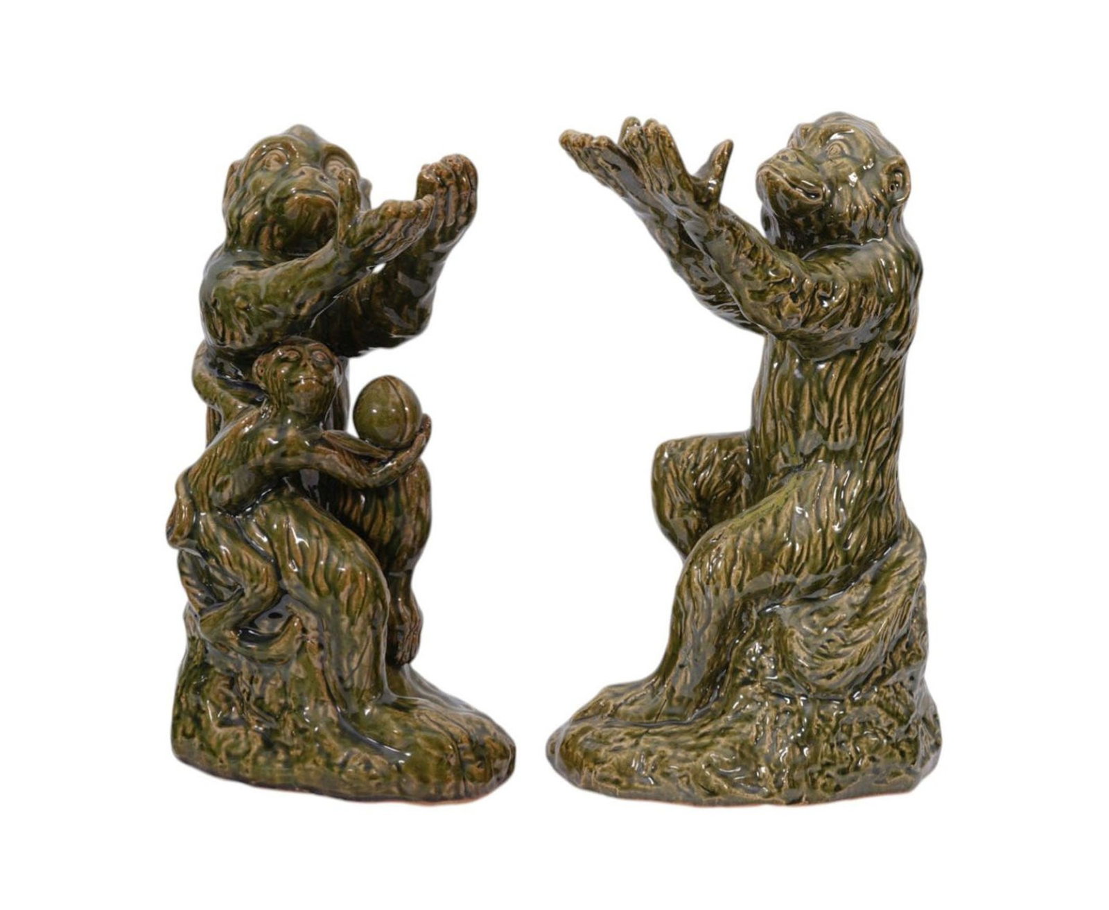 Pair Pottery Seated Monkeys, Green Glaze, Arms Extended, 16"H x 6"w x 11"d: Pair Pottery Seated Monkeys, Green Glaze, Arms Extended, 16"H x 6"w x 11"d