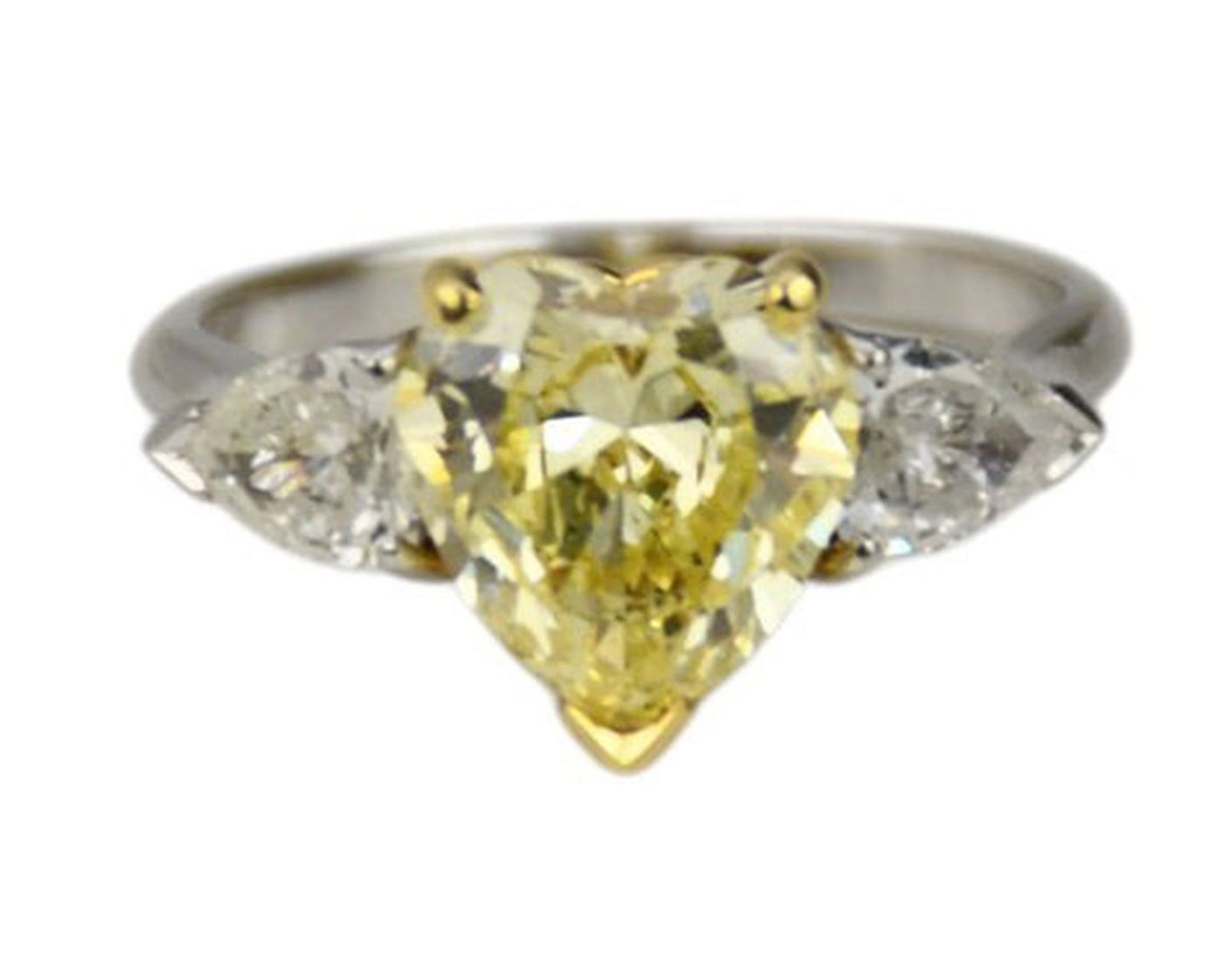 Ladies Platinum Diamond Ring. Center diamond heart shape Yellow Diamond flanked by 2 pear shape (1 of 11)