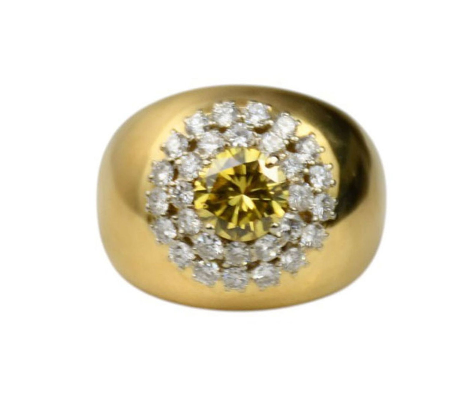 18K Yellow Gold ladies Diamond Dome Ring. Center Round yellow Diamond 1.18 cts VS2 Fancy deep: 18K Yellow Gold ladies Diamond Dome Ring. Center Round yellow Diamond 1.18 cts VS2 Fancy deep yellow. 29 Surrounding diamonds .04 - .06 approx. 1.5 cts SI1 G-H Size 5