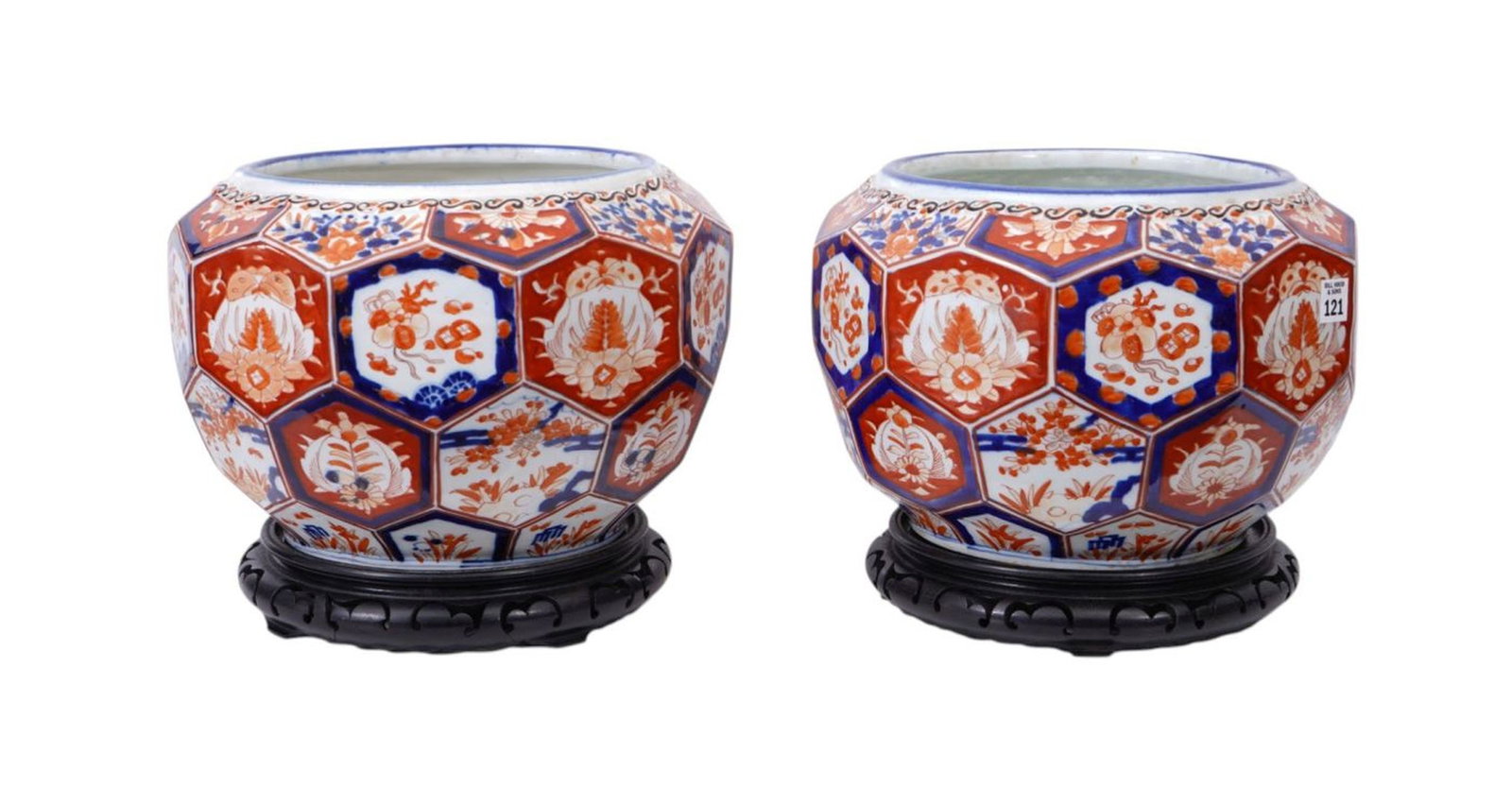 Pair Imari Jardinieres with Surrounding Geometric Form Surface, 9 1/2"h x 14"w x 10" dia. With (1 of 5)