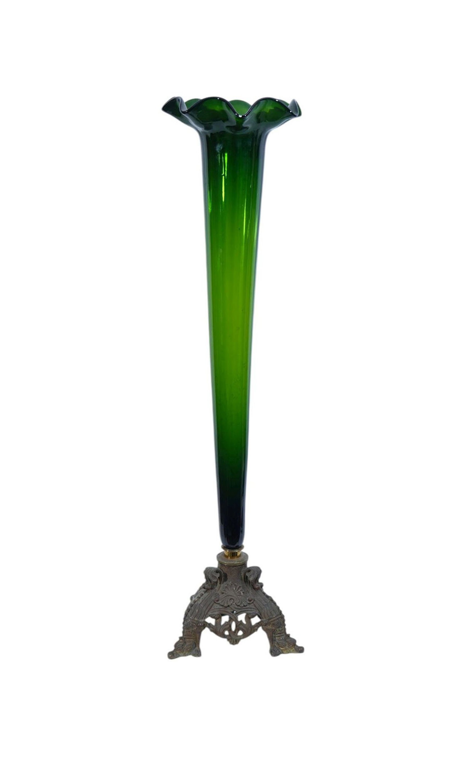 Oversized Green Glass Trumpet Vase with Ruffled Rim, Bronze Chinese Dragon Motif Base, 40"h x 11"w (1 of 6)