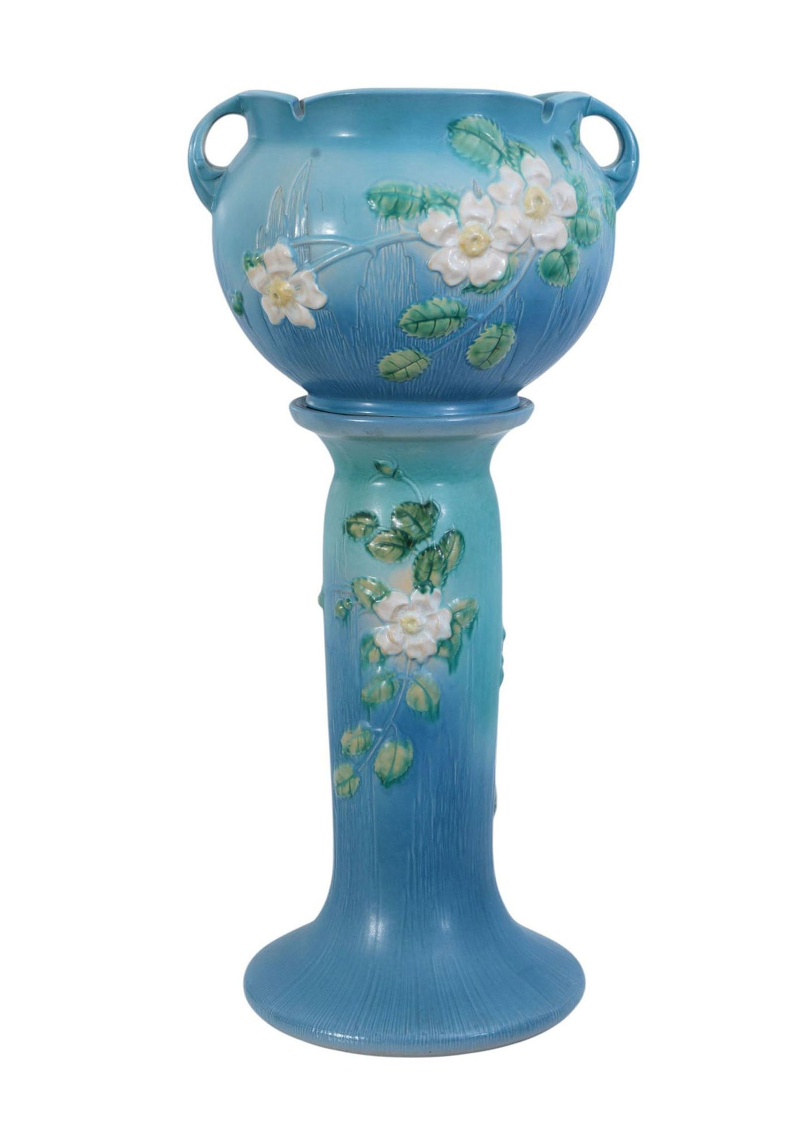 Antique Roseville Pottery Jardiniere and Pedestal, Blue & white flowers, 19"h & 21"h, Jardinieres: Antique Roseville Pottery Jardiniere and Pedestal, Blue & white flowers, 19"h & 21"h, Jardinieres 11"h x 11"w