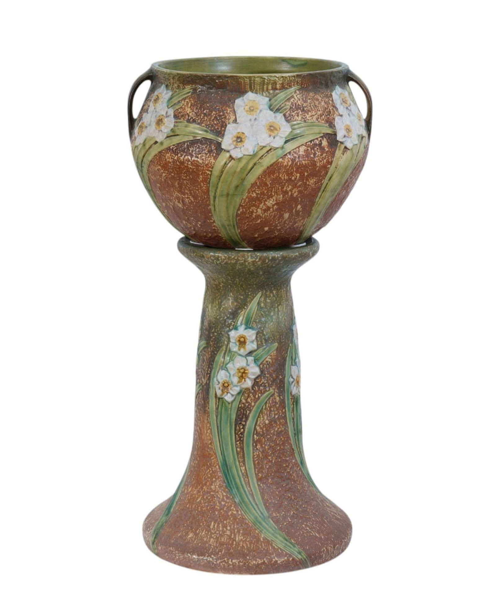 Antique Roseville Pottery Jardiniere and Pedestal, Brown & white flowers, 19"h & 21"h, Jardinieres (1 of 10)