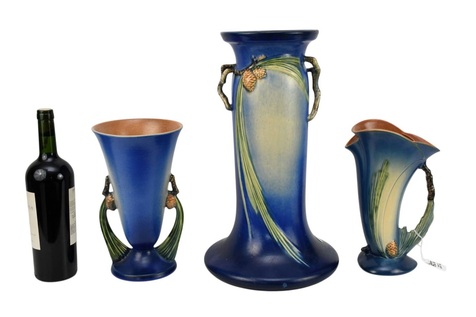 3 Roseville Pottery Pcs. Blue "Pinecone" Pitcher, Vase &Pedestal 17"h x 16 1/2"dia, 10"w base (small (1 of 12)