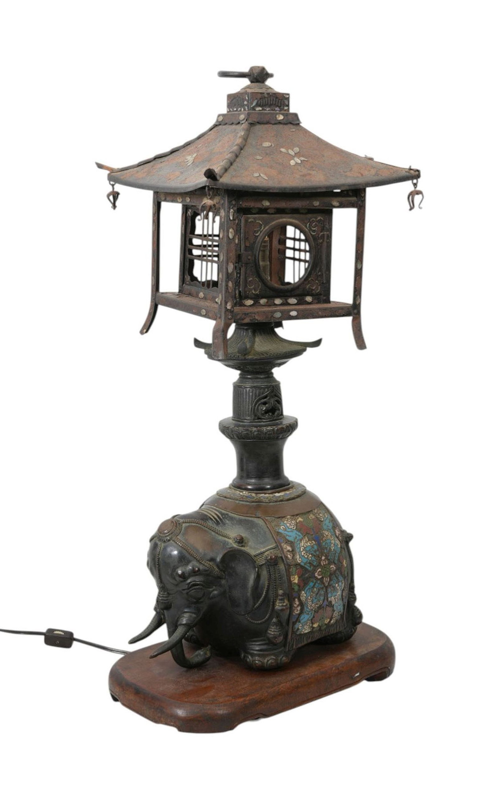 Vintage Chinese Champleve Elephant Lamp, Pagoda Over Column Sitting on Elephant With Wood Base, 27"h (1 of 7)