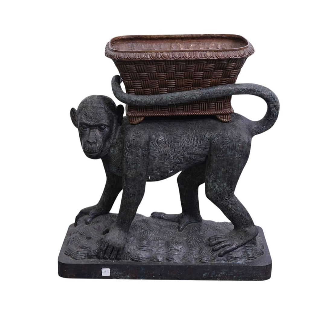 Bronze Monkey Planter, Woven Style Basket Atop Monkey, 29"h x 26"w x 12"d (1 of 5)