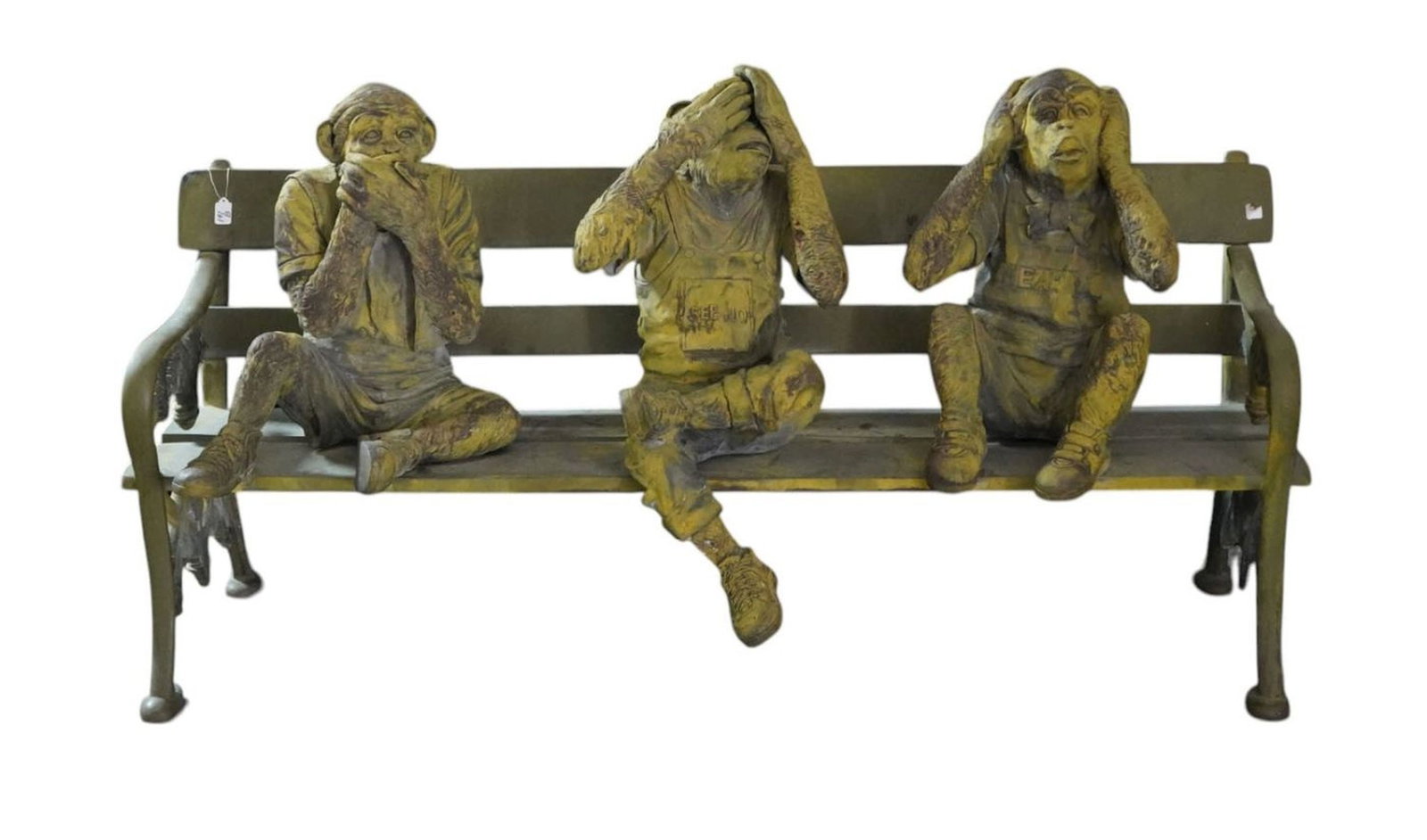 Fabulous Bronze Garden Monkeys on Park Bench, Geen Finish, "See No Evil", "Hear No Evil" and "Speak (1 of 7)