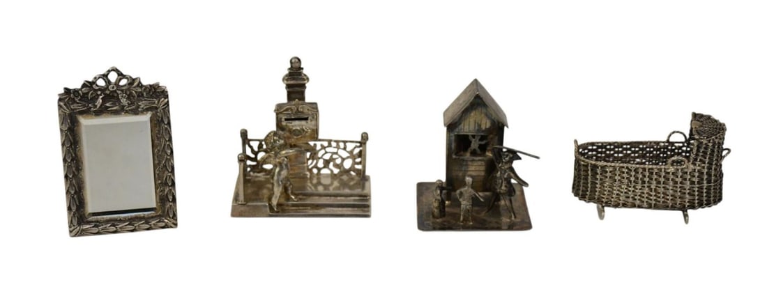 Lot of 4 Antique Continental Silver Miniatures, Angel at Mailbox, English Soldier, Woven Cradle, (1 of 4)