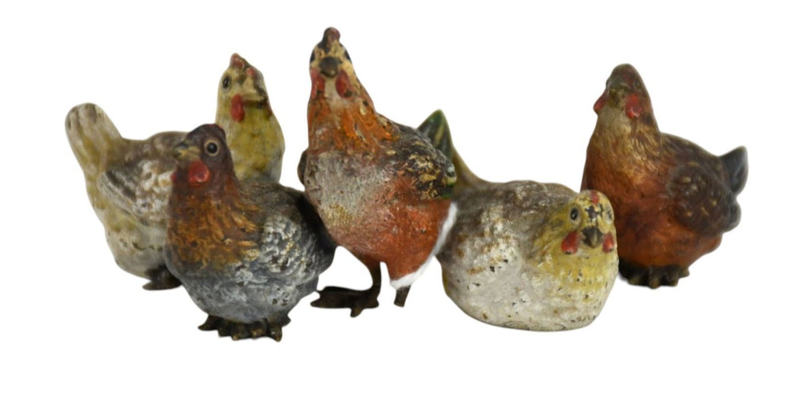 Antique Vienna Bronze 5 Polychrome Chickens, Impressed Geshutz???, 1"h x 3"w: Antique Vienna Bronze 5 Polychrome Chickens, Impressed Geshutz???, 1"h x 3"w