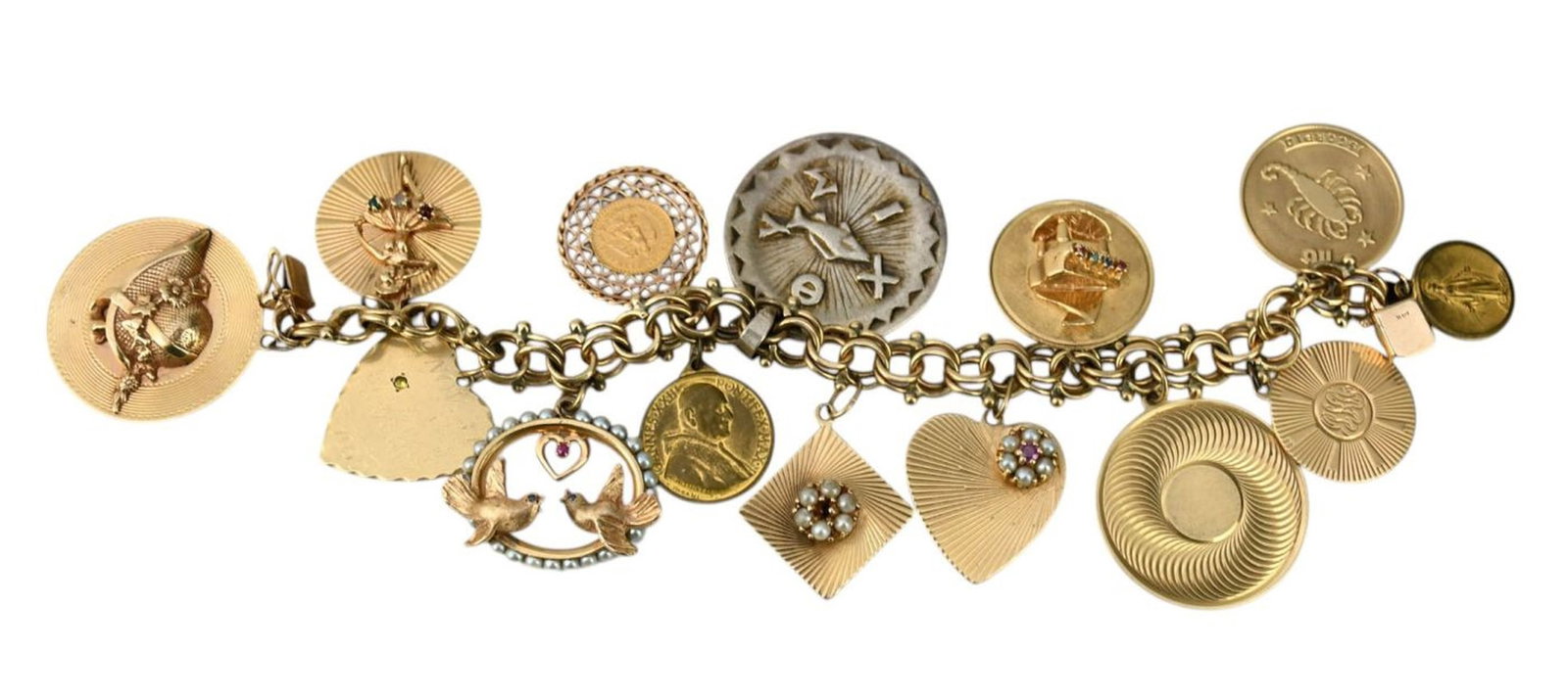 14K Yellow Gold Charm Bracelet. There are a variety of charms, 1 Charm is silver and 2 are not gold, (1 of 9)