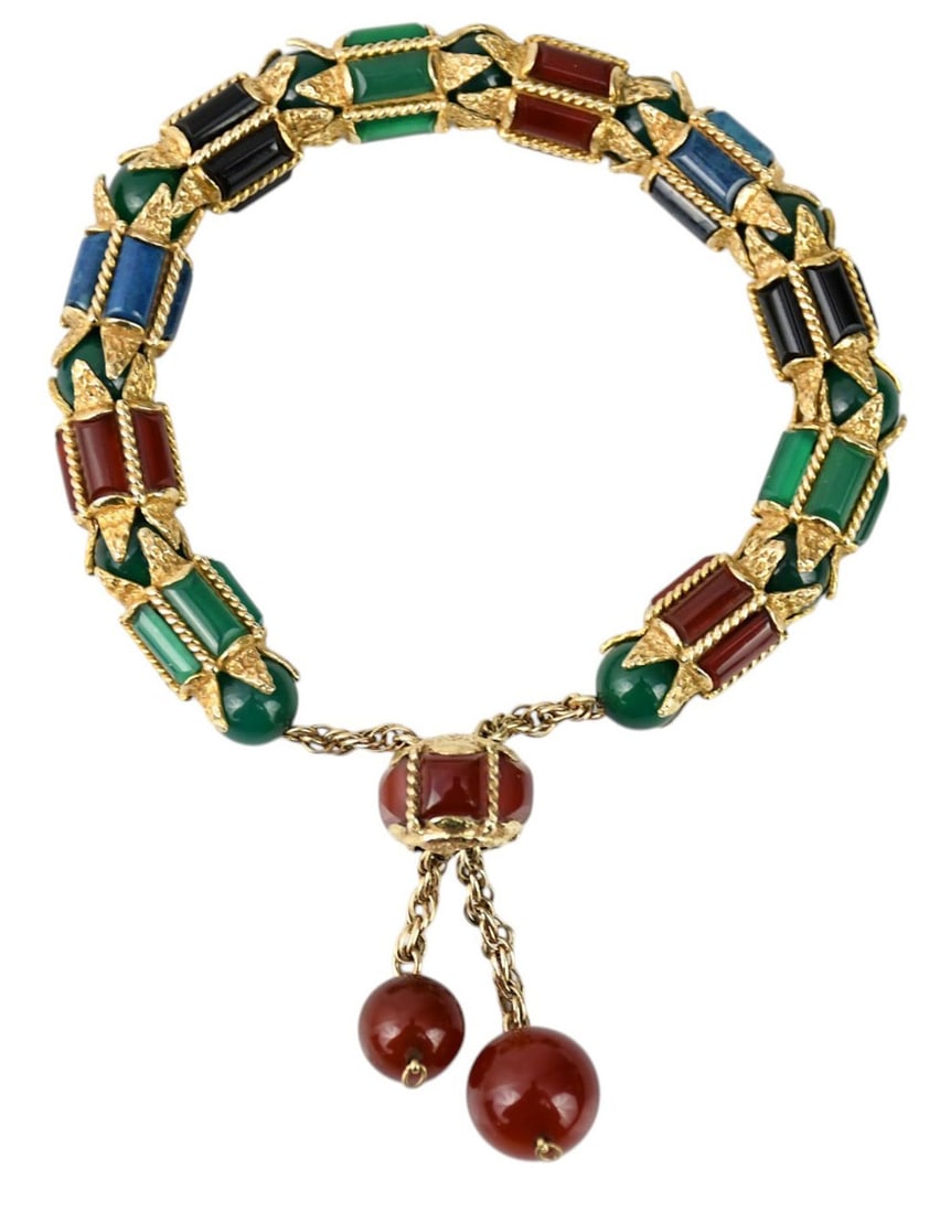 14K Yellow Gold Multi-Stone Bracelet. Tassel Rope with Carnelian & Chrysoprase Wt. 52 grams: 14K Yellow Gold Multi-Stone Bracelet. Tassel Rope with Carnelian & Chrysoprase Wt. 52 grams Adjustable 6.5" - 8"