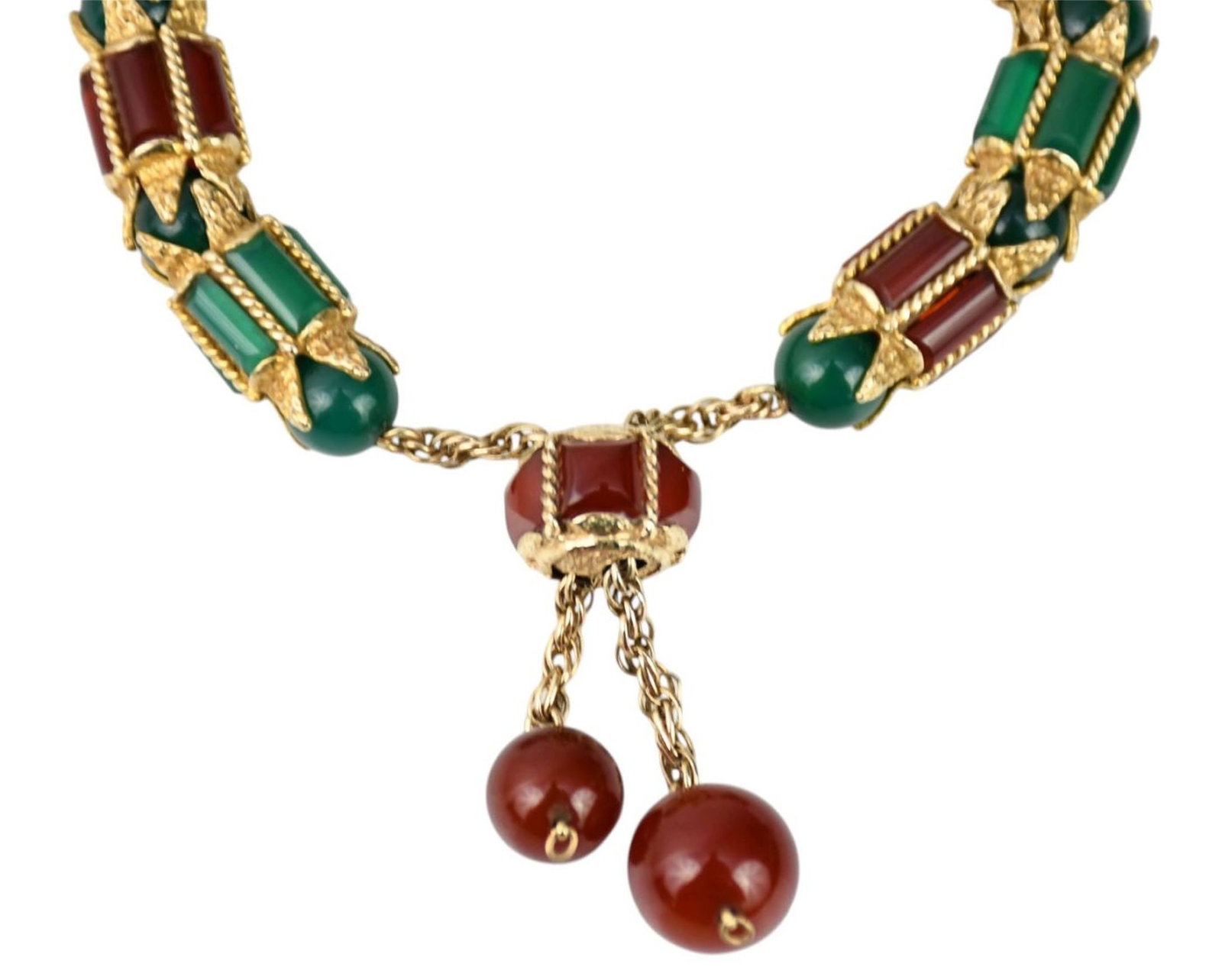 14K Yellow Gold Multi-Stone Bracelet. Tassel Rope with Carnelian & Chrysoprase Wt. 52 grams: 14K Yellow Gold Multi-Stone Bracelet. Tassel Rope with Carnelian & Chrysoprase Wt. 52 grams Adjustable 6.5" - 8"