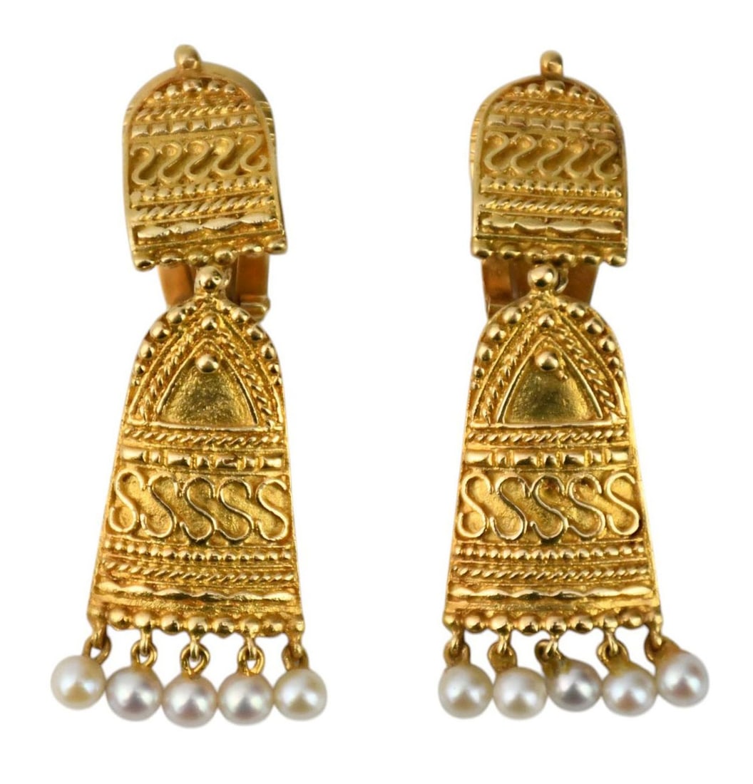 18K Yellow Gold Etruscan Style Earrings. Each adorned with 5 attached seed pearls, wt. 15 grams. (1 of 4)