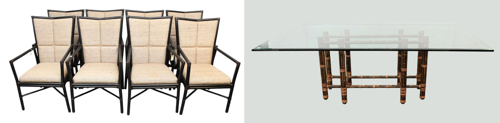 McGuire Rattan Frame Table With Rectangular Glass Top, 30"h x ____"w x ____"d AND 8 Black Rattan: McGuire Rattan Frame Table With Rectangular Glass Top, 30"h x ____"w x ____"d AND 8 Black Rattan Upholstered Armchairs, All Marked