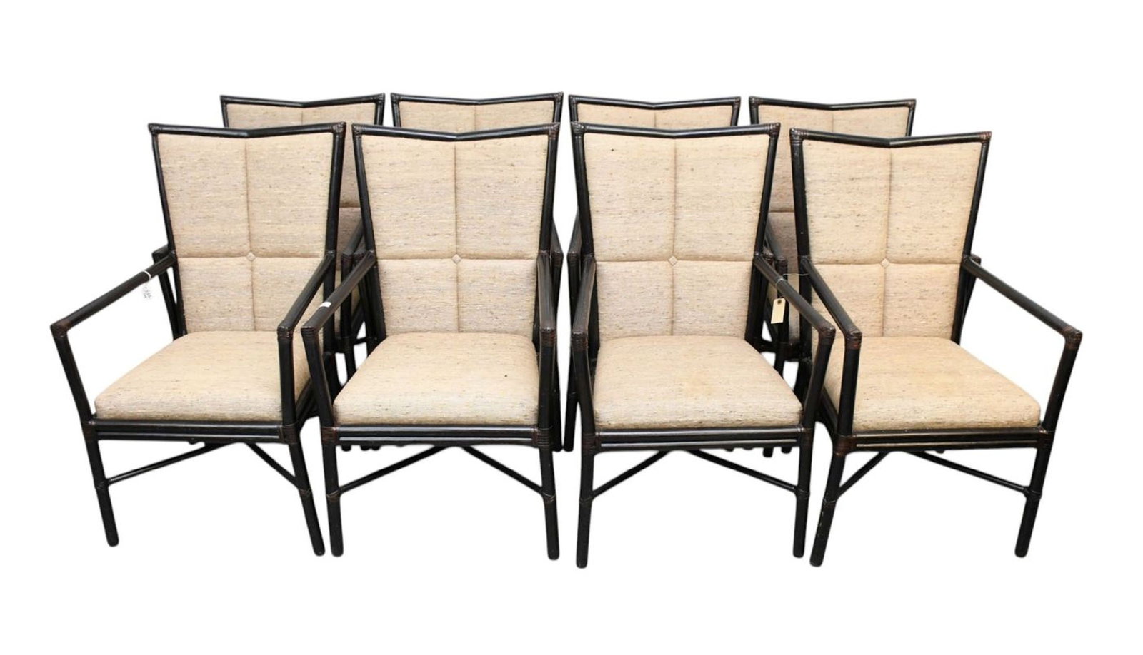 McGuire Rattan Frame Table With Rectangular Glass Top, 30"h x ____"w x ____"d AND 8 Black Rattan: McGuire Rattan Frame Table With Rectangular Glass Top, 30"h x ____"w x ____"d AND 8 Black Rattan Upholstered Armchairs, All Marked