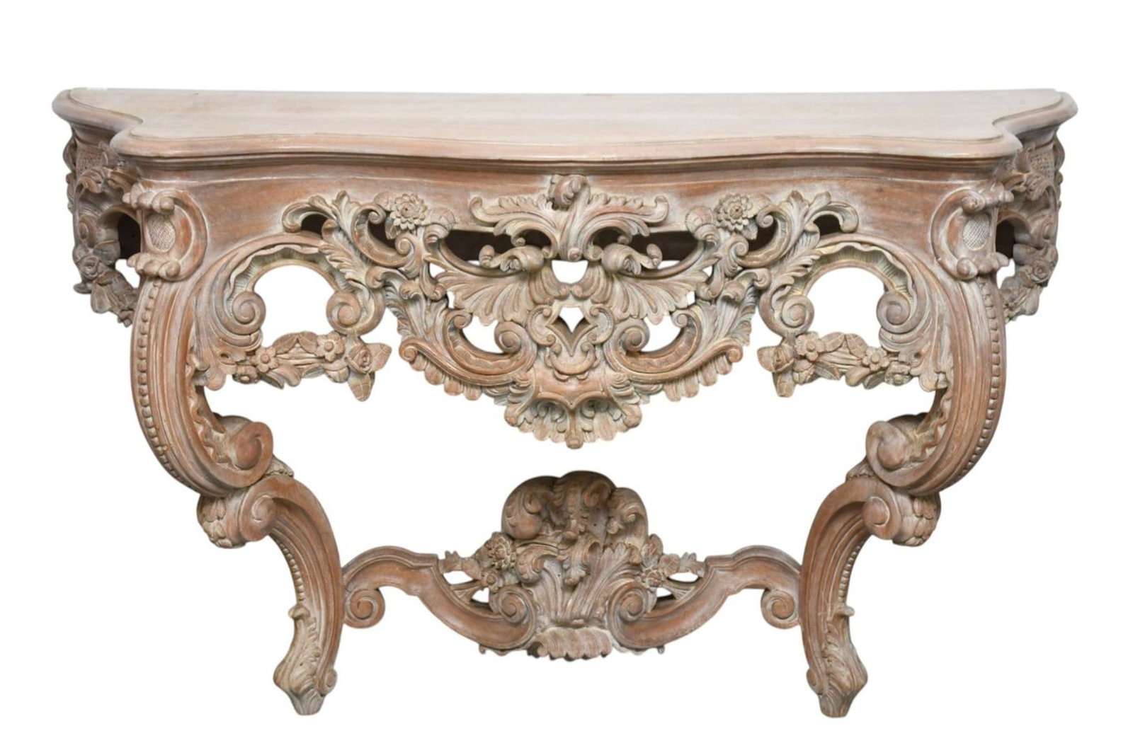 Elaborately Carved Console with Whitewash Finish & Scrolling Floral Motif, 35"h x 57"w x 18"d (1 of 7)