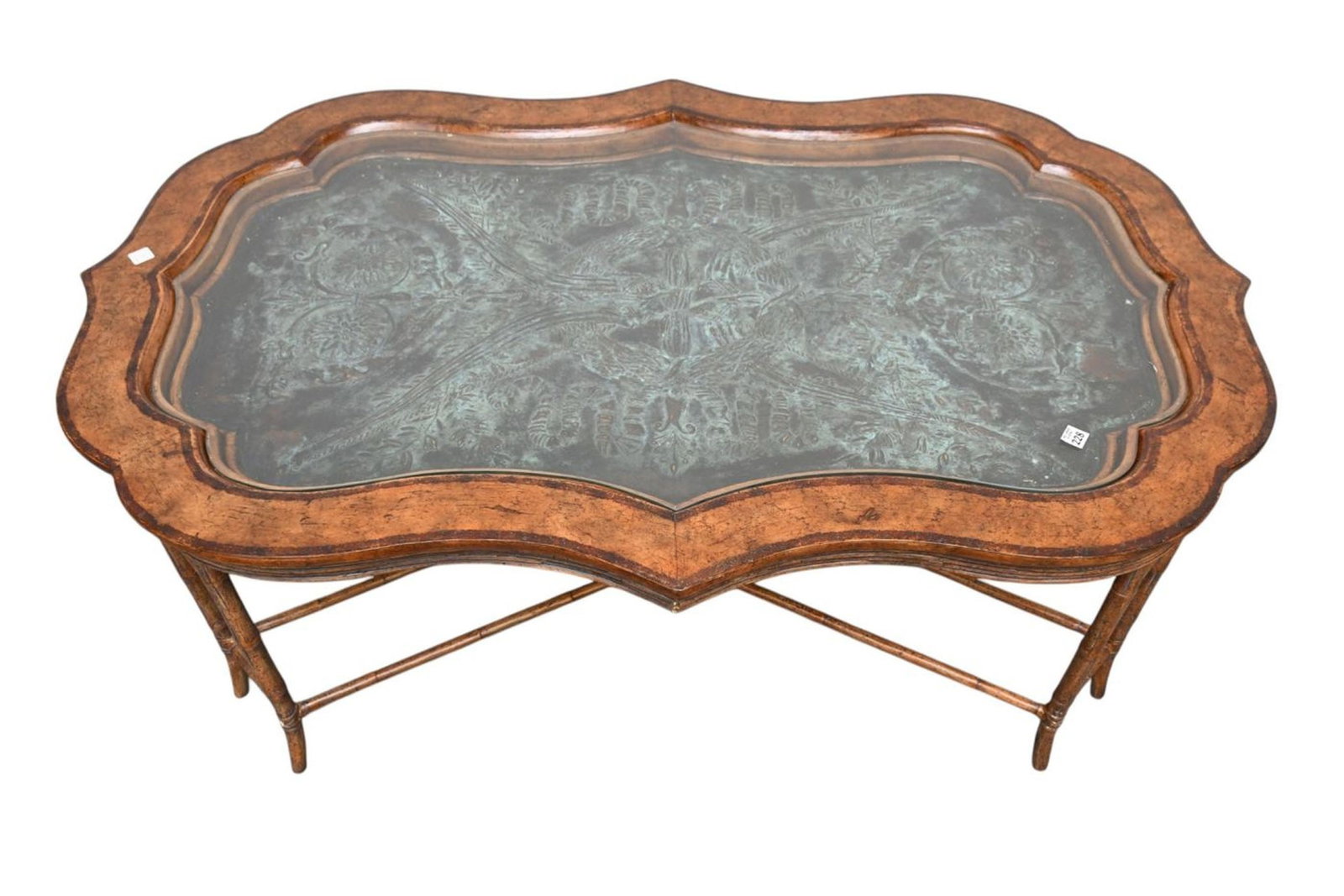 Coffee Table with Burled Wood Rim, Chippendale Style Frame with Glass Over A Verdigris Copper Panel (1 of 13)