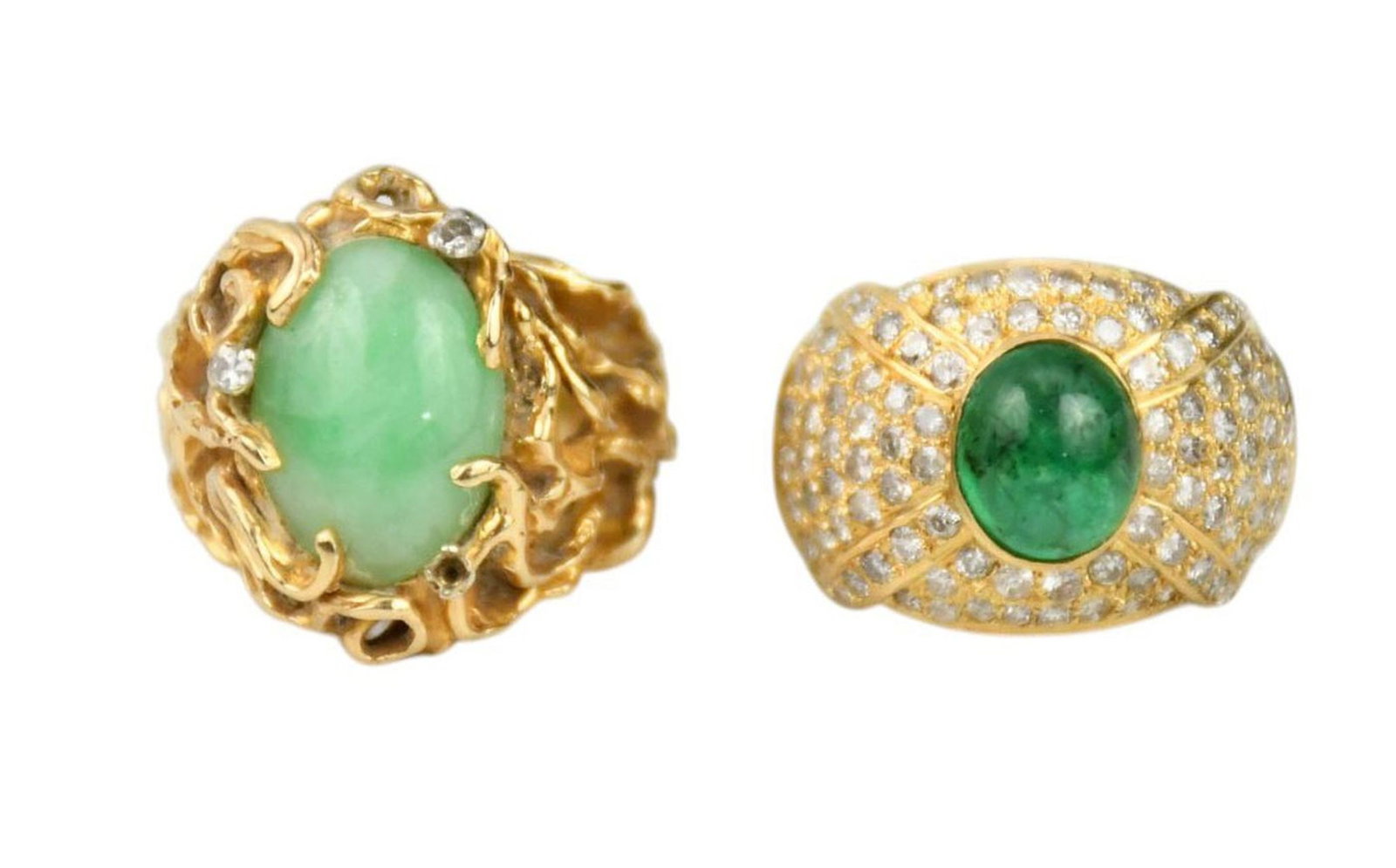 2 - 14K Yellow Gold Rings. Emerald & Diamonds size 5.5 and Jade ring size 6.5. wt. 17.4 grams (1 of 6)