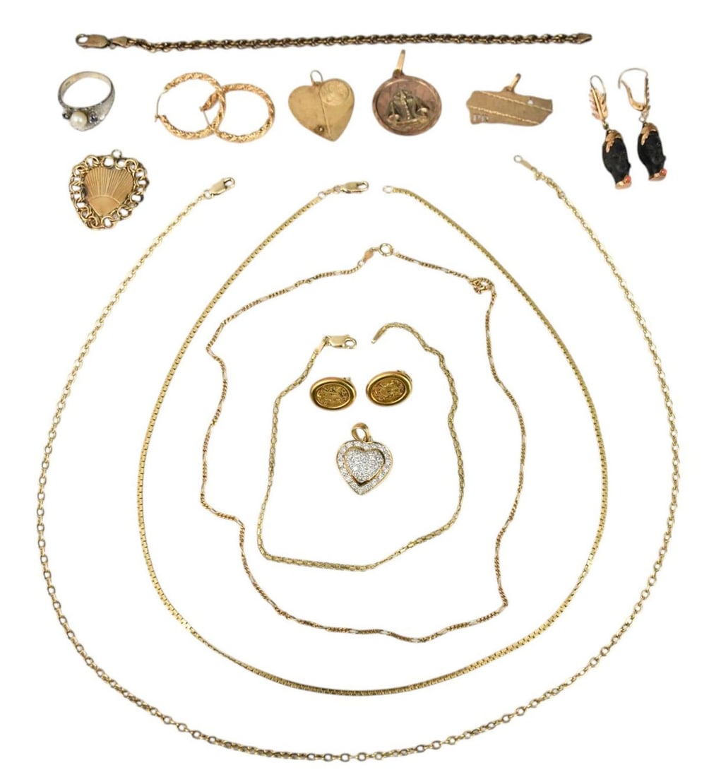 14K - 18K Yellow Gold Jewelry Lot. 3 Necklaces 16" - 20", 1 bracelet 8", 1 anklet 9.5", 5 - Charms, (1 of 6)