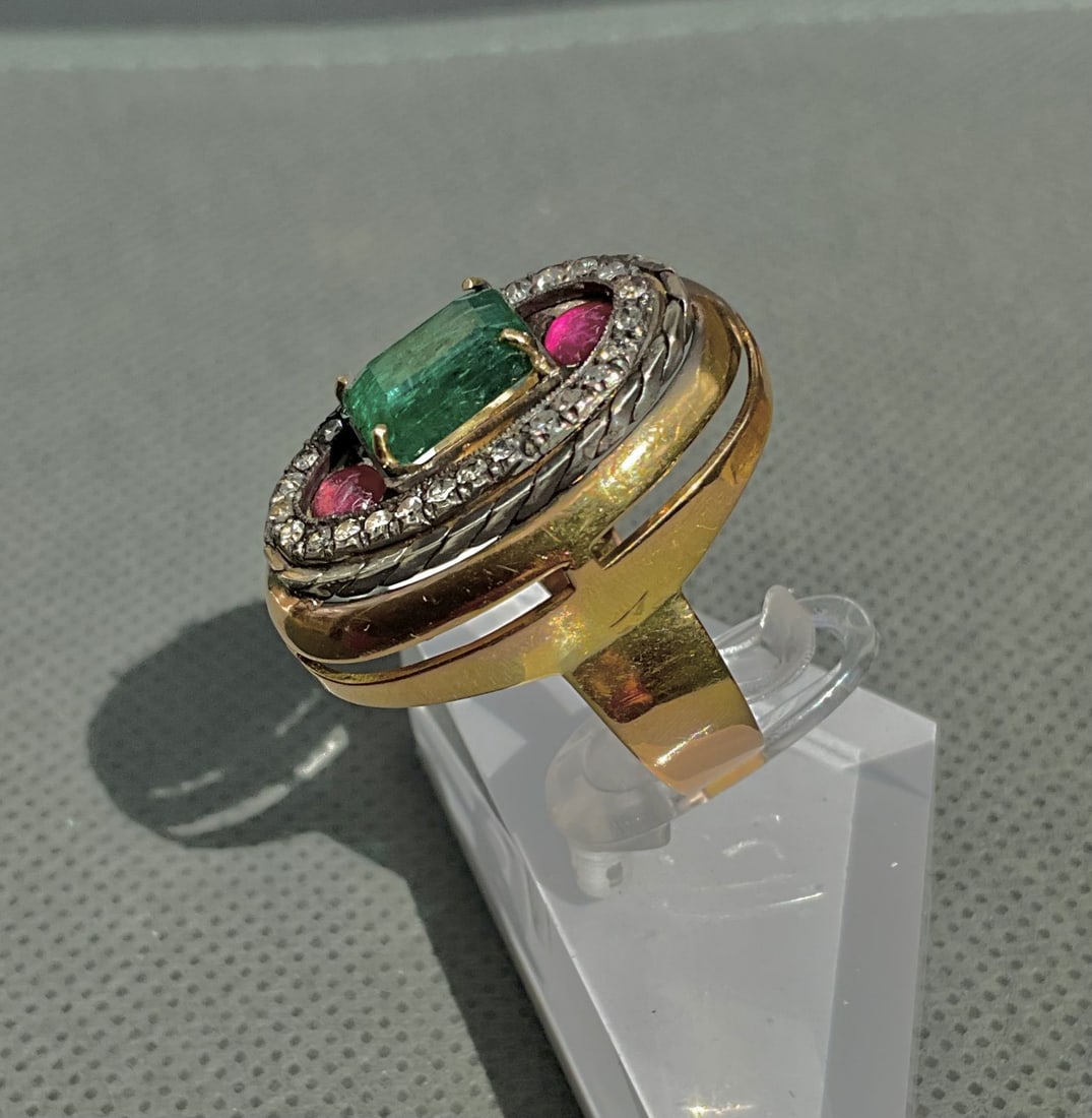 Russian Gold Diamond Emerald Ruby ring size - 6