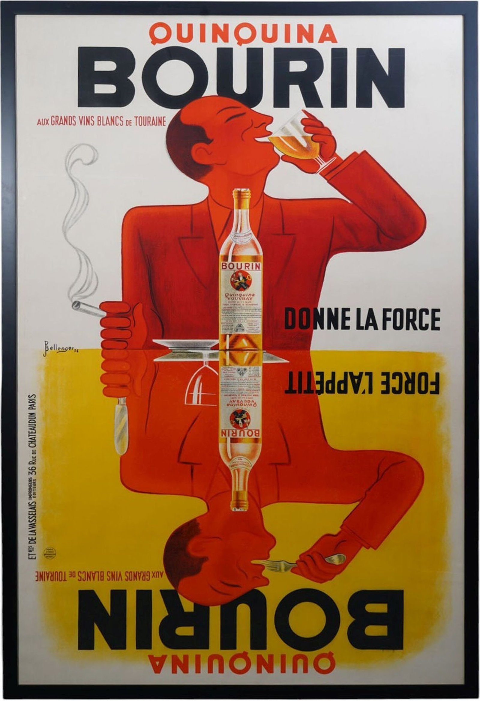 Vintage French Advertisement Poster-ca.-1936. For Quinquina Bourin. French aperitif wine. Designer:: Vintage French Advertisement Poster-ca.-1936. For Quinquina Bourin. French aperitif wine. Designer: The poster was designed by Pierre and Jacques Bellenger and features a distinctive mirror image desi