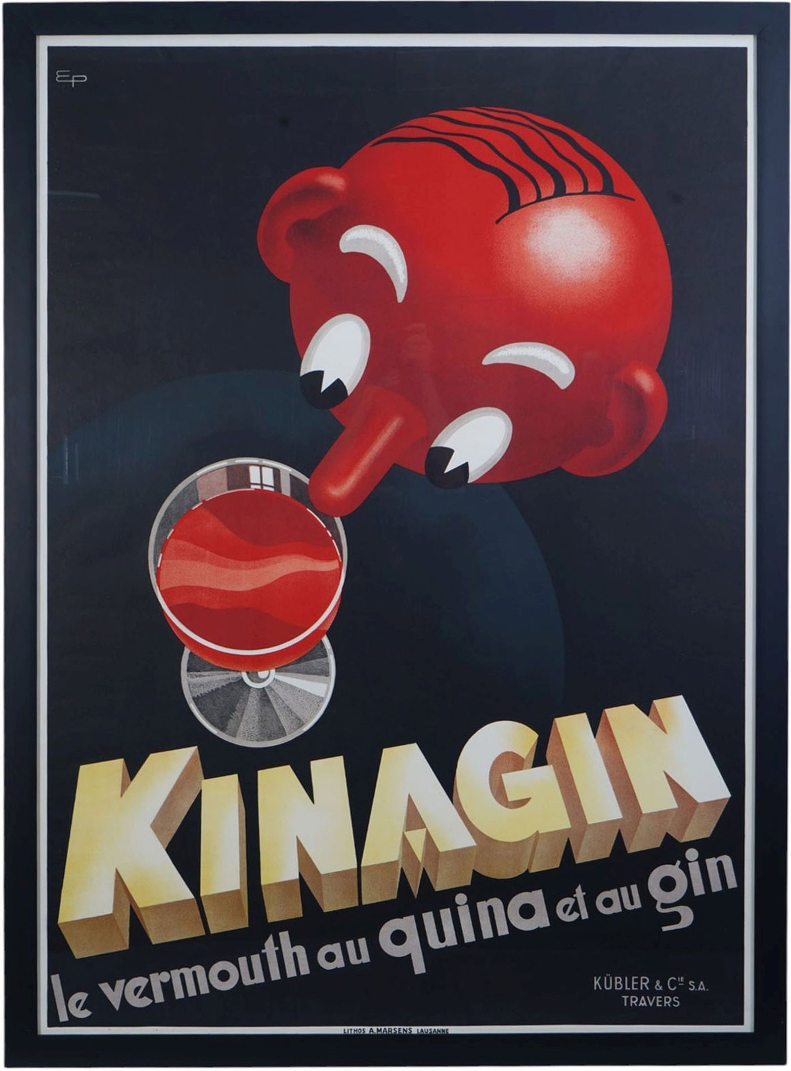 Vintage Art Deco-era Poster for Kinagin Vermouth. Created by Swiss graphic artist Eugène Patkevitch: Vintage Art Deco-era Poster for Kinagin Vermouth. Created by Swiss graphic artist Eugène Patkevitch around 1930–1941. Features a caricatured red face with a protruding nose gazing at a cocktail