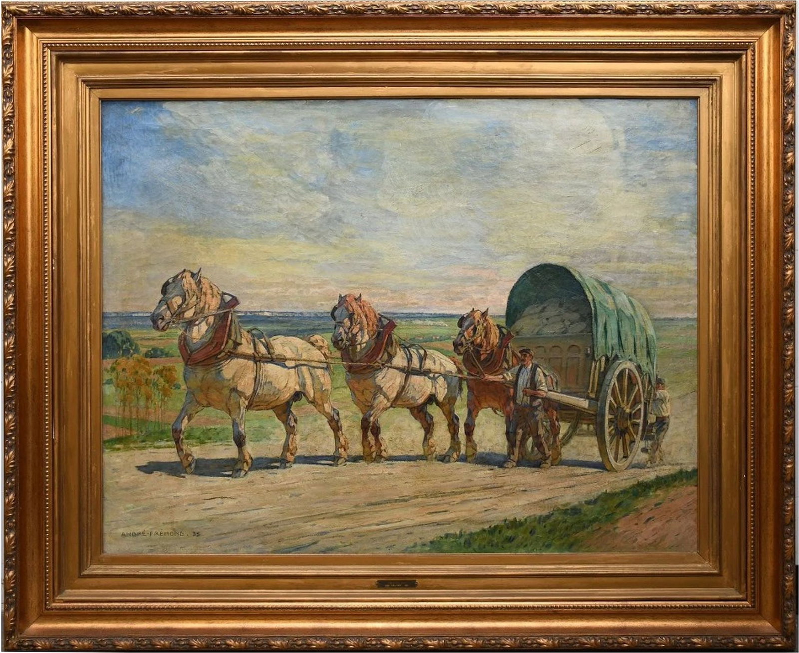 Andre Fredmond (French, 1884-1965) Large antique oil on canvas, Workers with horse and carriage (1 of 12)