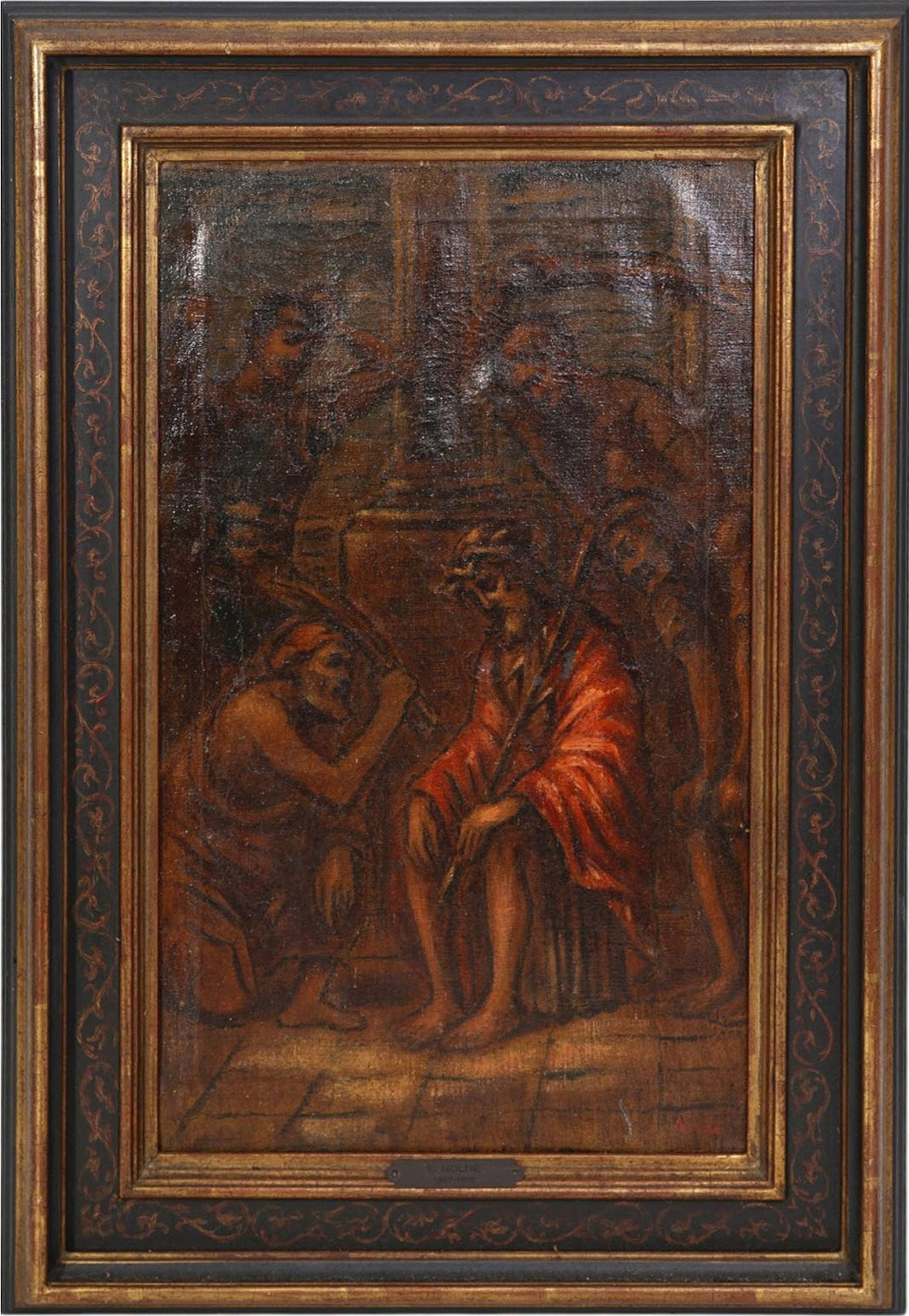 19th Century Italian School Old Master Style Biblical Scene- The Mockery of Christ, signed Nolde.: 19th Century Italian School Old Master Style Biblical Scene- The Mockery of Christ, signed Nolde. oil on canvas, 21 x 12-1/2 inches. Overall framed size is 27 x 18-1/2 inches. In a period style