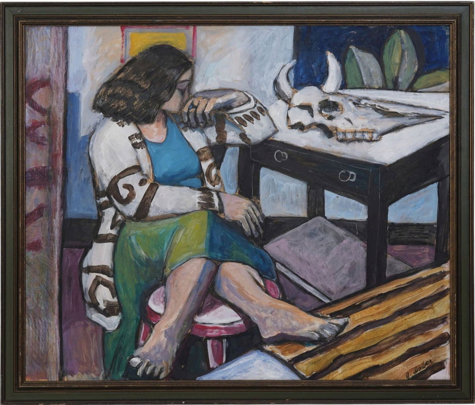 Western Interior signed J. Imber, Watercolor/gouache, oil on canvas, Lady in Interior, 30 x 36 (1 of 6)