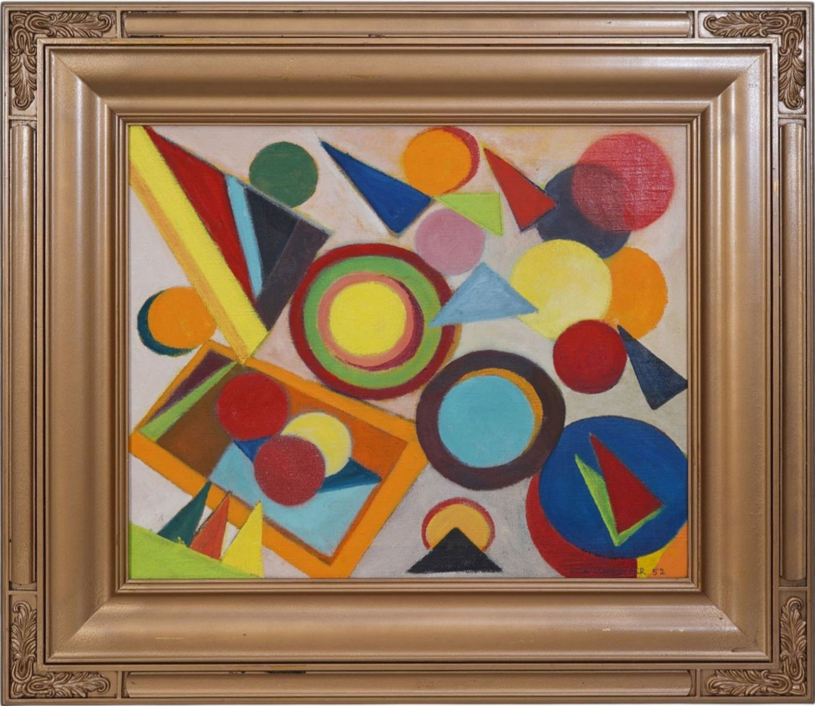 Attributed to: John Sennhauser (Swiss, 1907-1978) oil on canvas, Geometric composition shapes. 20 x: Attributed to: John Sennhauser (Swiss, 1907-1978) oil on canvas, Geometric composition shapes. 20 x 24 inches. Overall framed size is 30 x 34 inches