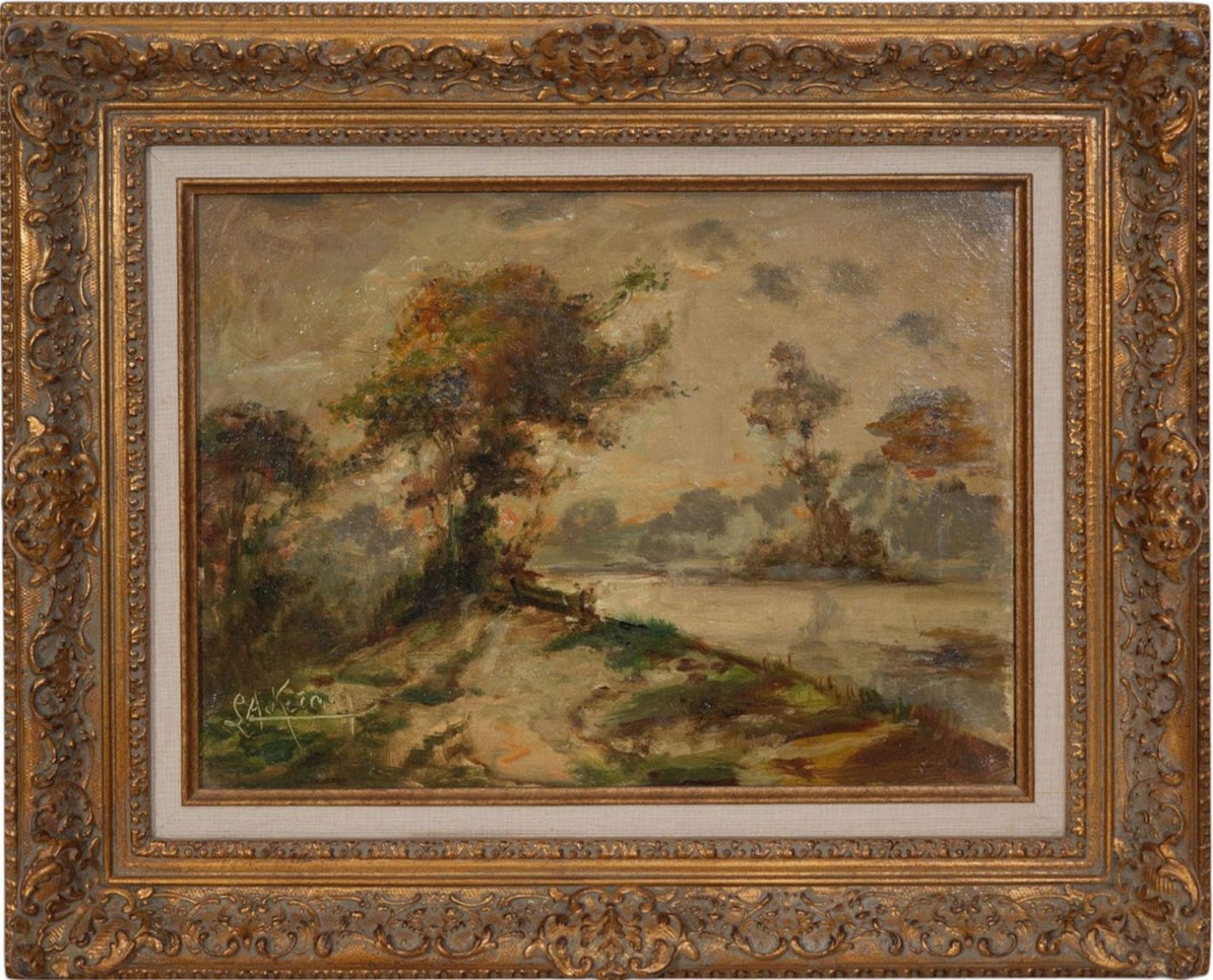 French Landscape River Scene signed illegibly. Oil on canvas, 12 x 15-3/4 inches. Overall framed (1 of 5)