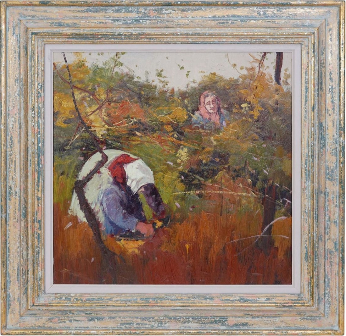 Bruno Tinucci (ITALIAN, 1946–2023) oil on canvas, Lady in field Pruning, 50 x 50 cm. approx. 20 x (1 of 8)