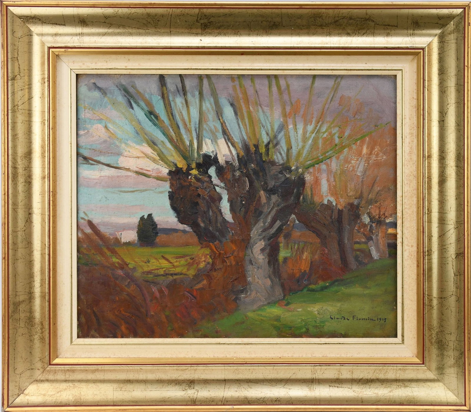 Claude Firmin (French, 1864-1944) oil on canvas, Tree Landscape, signed and dated 1913. canvas 15 x: Claude Firmin (French, 1864-1944) oil on canvas, Tree Landscape, signed and dated 1913. canvas 15 x 18 inches. Overall framed size is 22-1/2 x 25-1/2 inches.