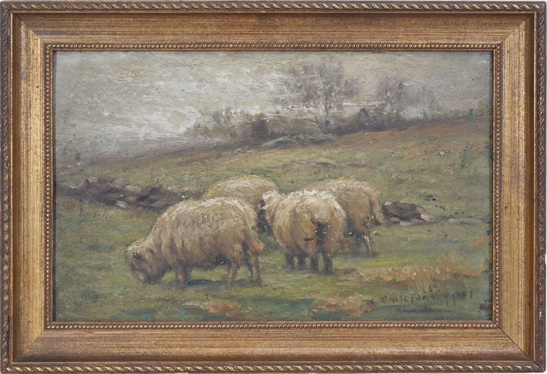 John Carleton Wiggins (American 1848–1932). Barbizan Style Sheep in Pasture ca. 1906. Oil on wood: John Carleton Wiggins (American 1848–1932). Barbizan Style Sheep in Pasture ca. 1906. Oil on wood panel. Signed lower right and on verso. Frame: H 11" W 16. Painting H 9" W 14".