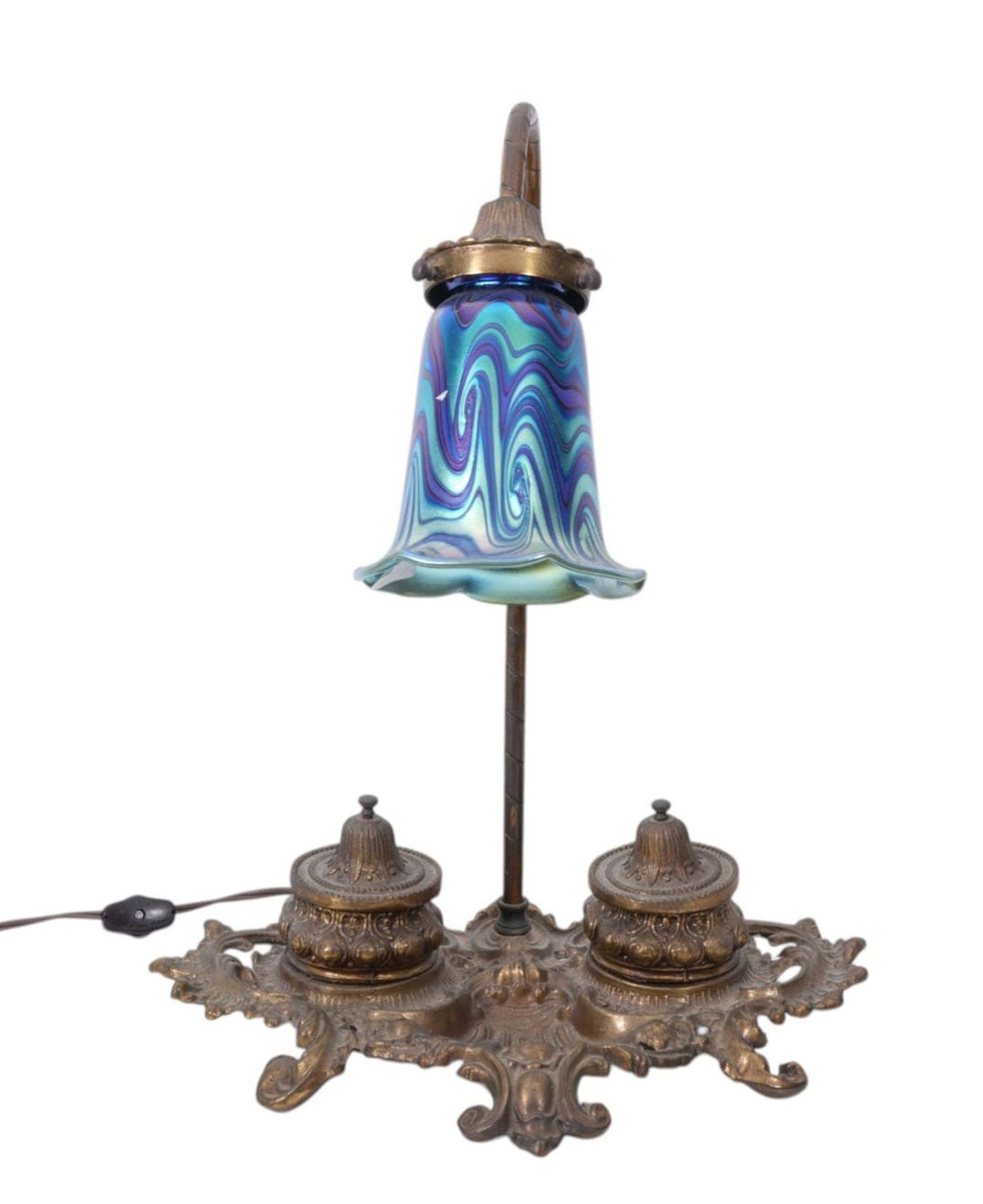 Desk Lamp, Ink Wells with Blue Art Glass Shade, 17"h x 12"w x 9"d (hinge as is) (1 of 8)