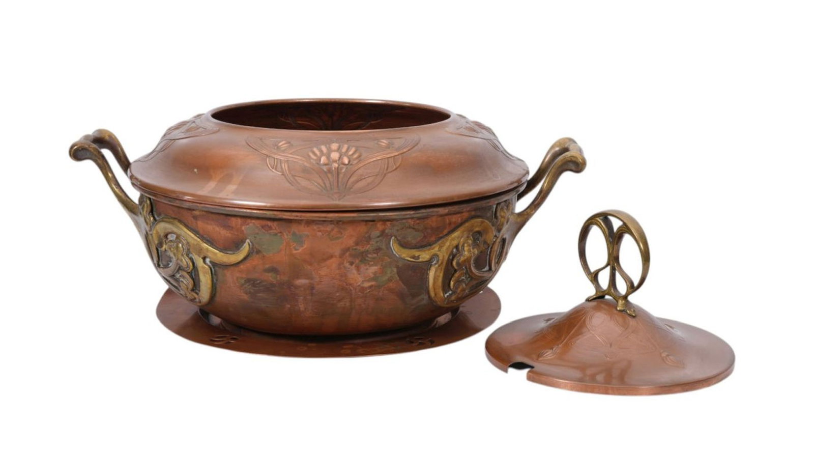 2pc. Copper & Brass Art Nouveau Style Large Bowl with Liner, 8"h x 16"w (top not fitted correctly) (1 of 11)