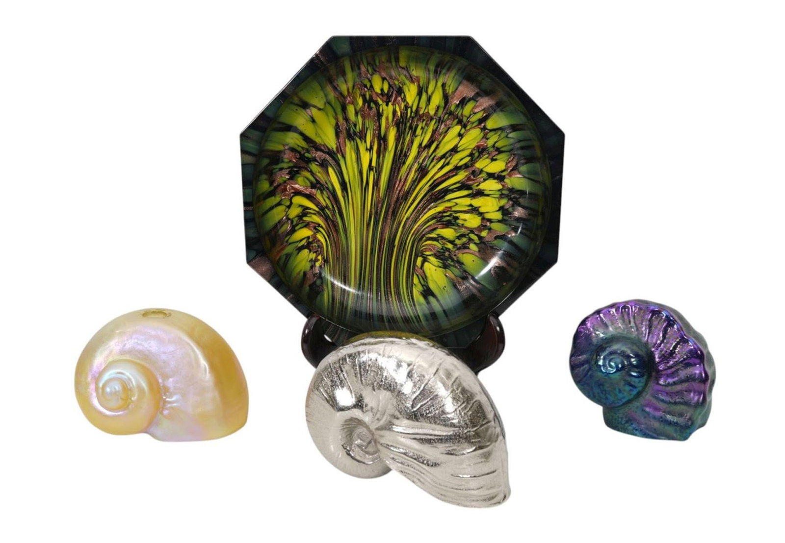 Octagonal Shape Art Glass Bowl AND 3 Art Glass Shells/Bowls, 2 1/2"h x 11"w (1 of 16)