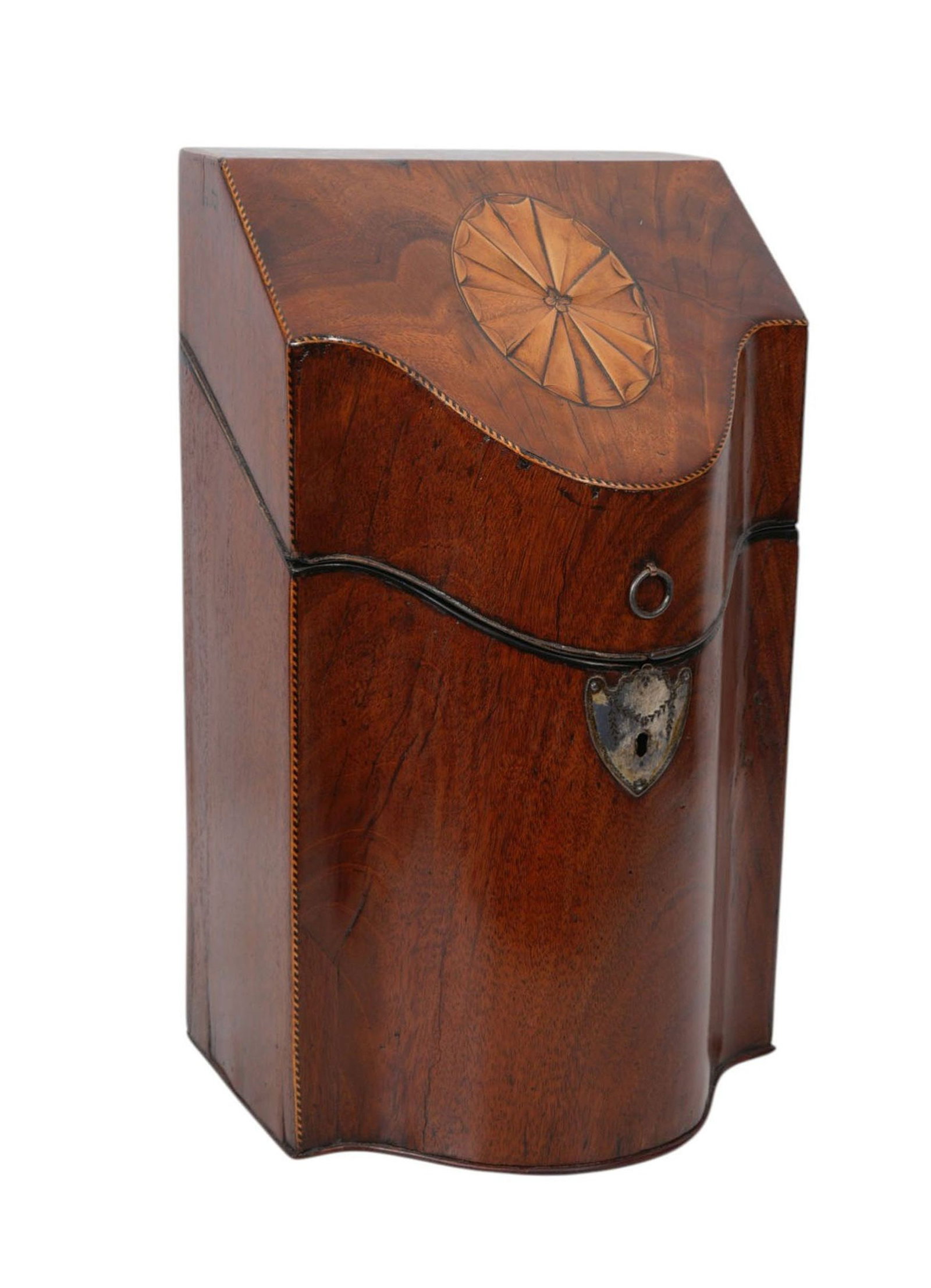 English 19th C. Mahogany Inlay Knife Box, Empty Interior, 13 5/8"h x 9"w x 7"d (1 of 9)