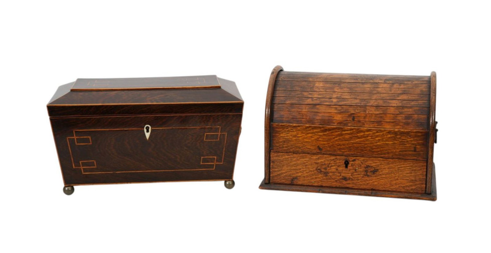 Mahogany 19th c. Tea Caddy with Fitted Interior, Inlay Escutcheon & Stringing Around, Lion Head Bale (1 of 18)