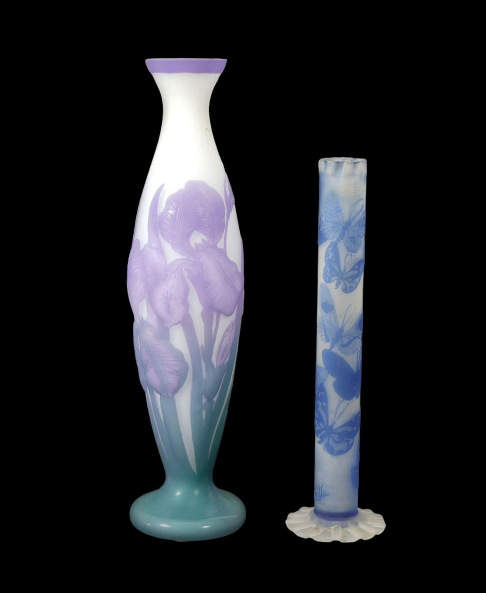 2 Galle Vases, 20th c, Lavendar & Purple Orchids On Frosted Ground AND Lavendar Butterflies, Tallest (1 of 15)