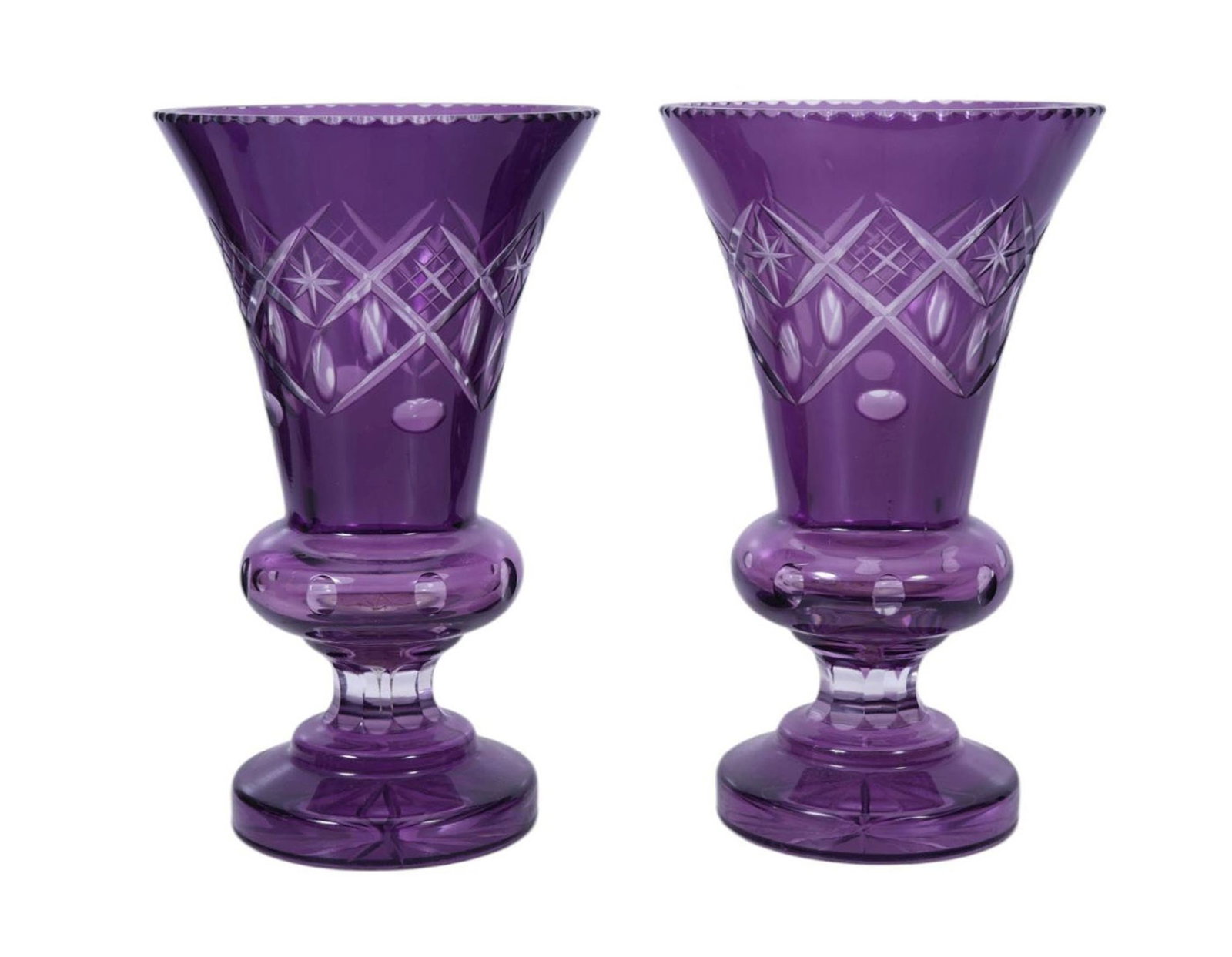 Pair Amethyst Cut to Clear Vases, 8 1/2"h x 5 1/4"d (1 of 7)
